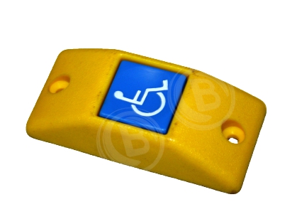 Haltewunschtaster gelb/Rollstuhl, blauer Knopf, weisses Symbol